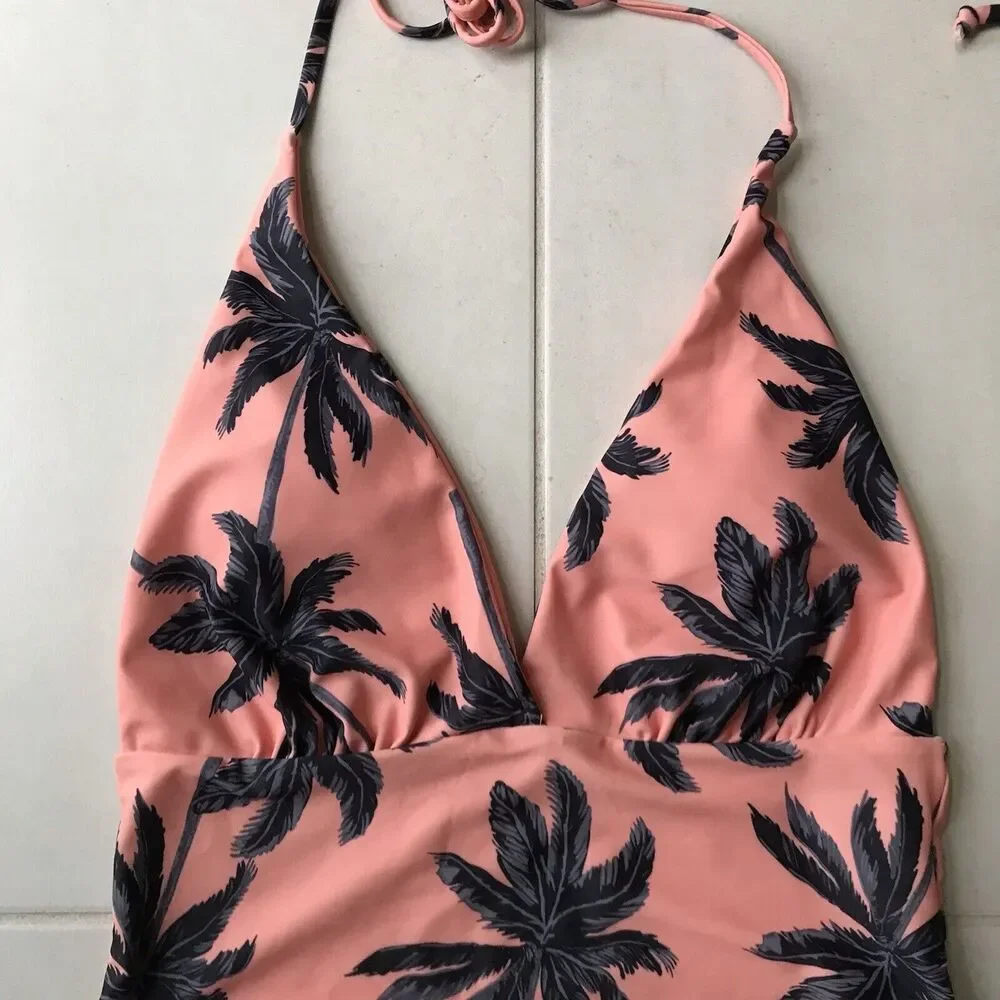 Shein One Piece Swimsuit Tropical Print Plunge Halter Neck Swimwear